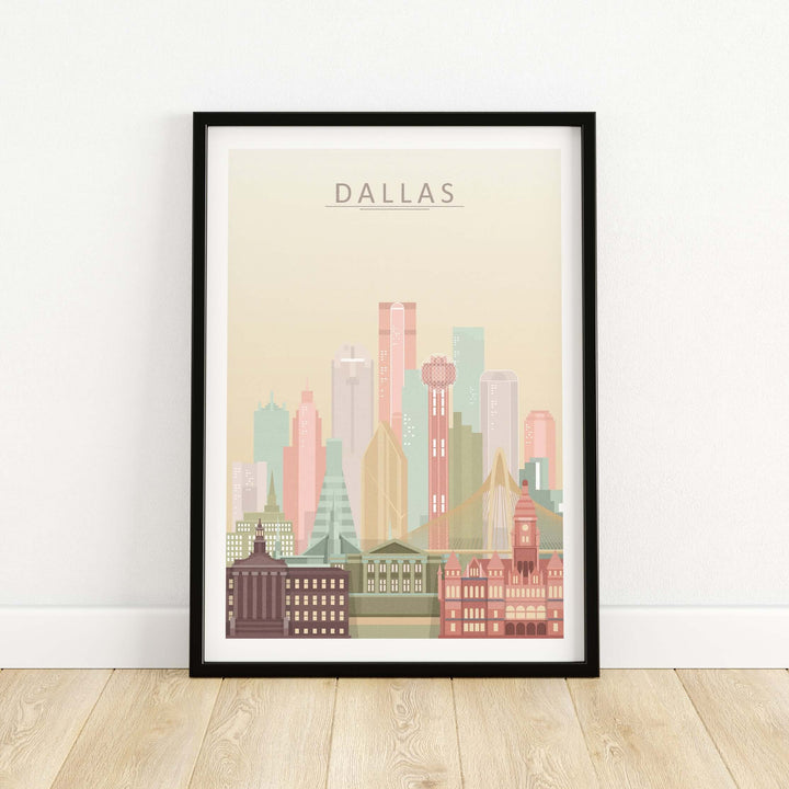 Dallas city skyline print in pastel colors, framed wall art poster showcasing iconic Dallas landmarks.