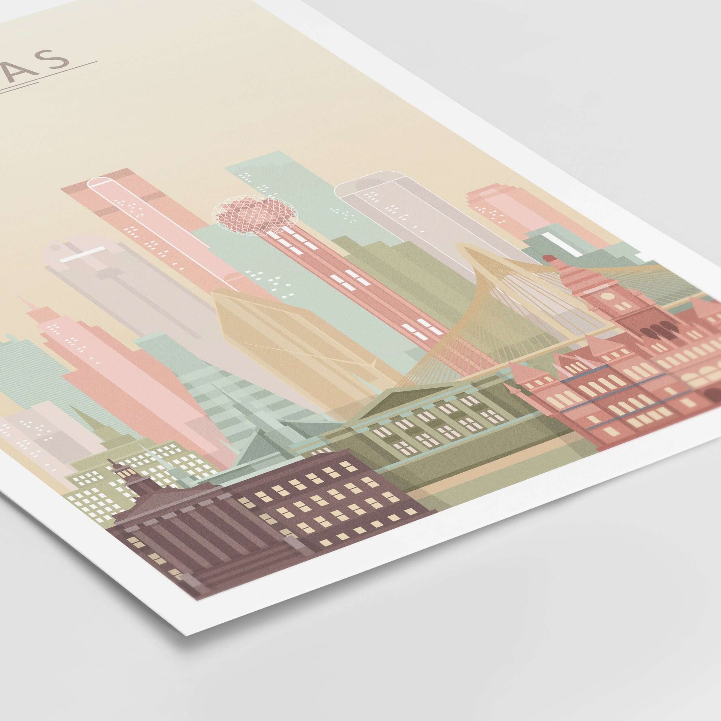 Dallas City Skyline Print | Texas Wall Art Poster featuring a pastel-colored illustration of the Dallas skyline.