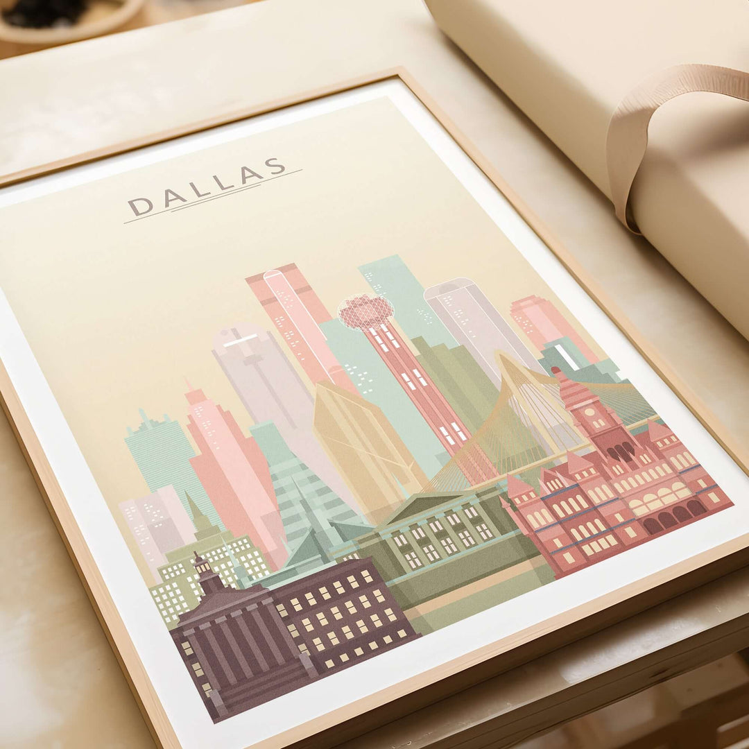 Dallas city skyline print in pastel colors, perfect Texas wall art for home or office decor.