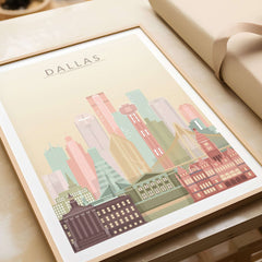Dallas City Skyline Print | Texas Wall Art Poster showcasing the iconic Dallas skyline in pastel colors.
