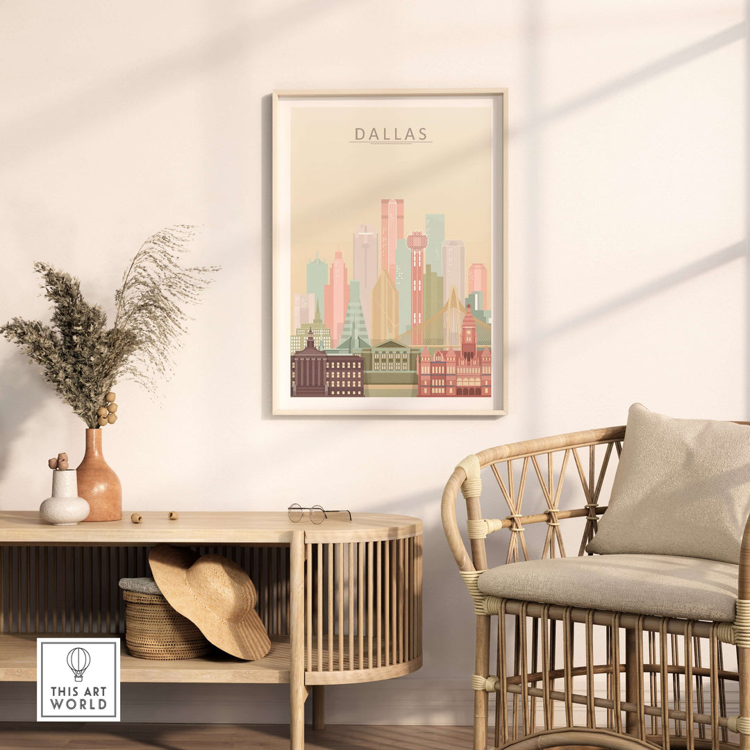 Dallas City Skyline Print in beige pastel colors displayed on a wall above a modern wood console.
