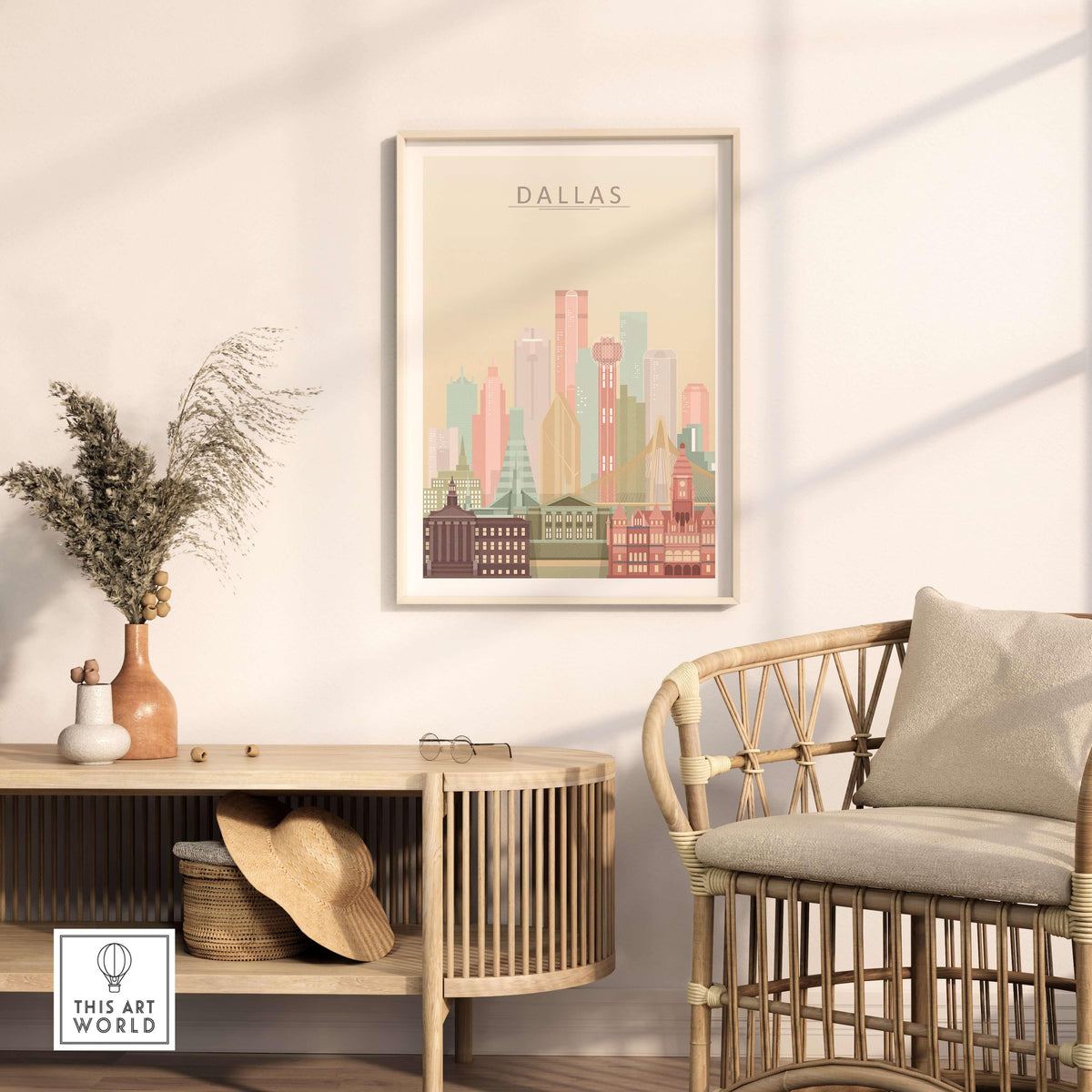 Dallas City Skyline Print | Texas Wall Art Poster displayed in a stylish living room setting with pastel colors.