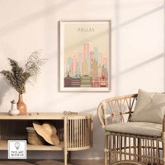 Dallas City Skyline Print | Texas Wall Art Poster displayed in a stylish living room setting with pastel colors.