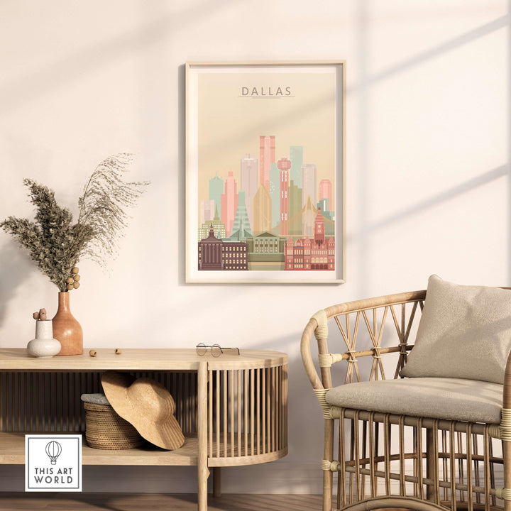 Dallas City Skyline Print in beige pastel colors displayed on a wall above a modern wood console.