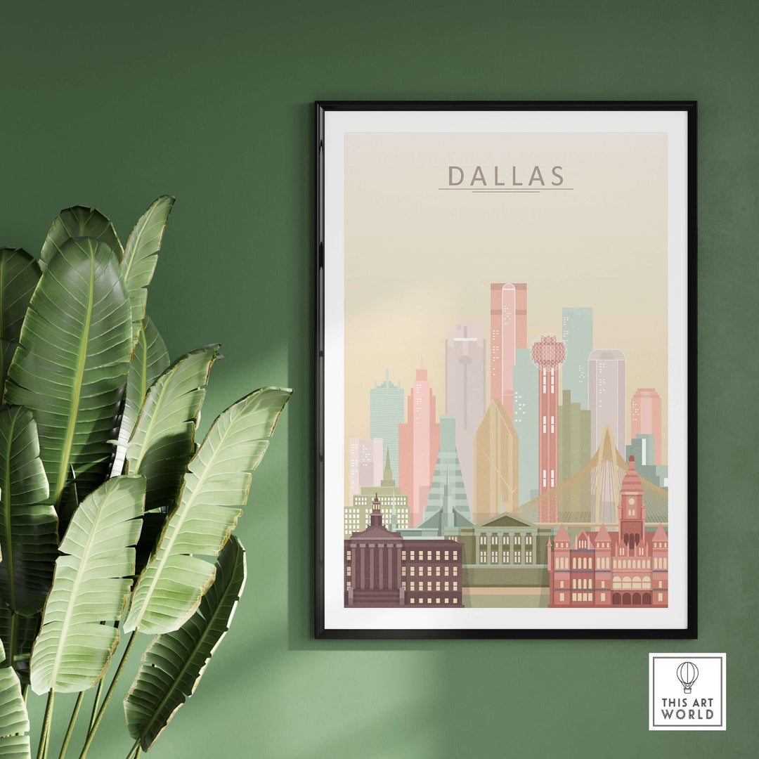 Dallas City Skyline Print in pastel colors, framed art poster enhancing green wall decor.