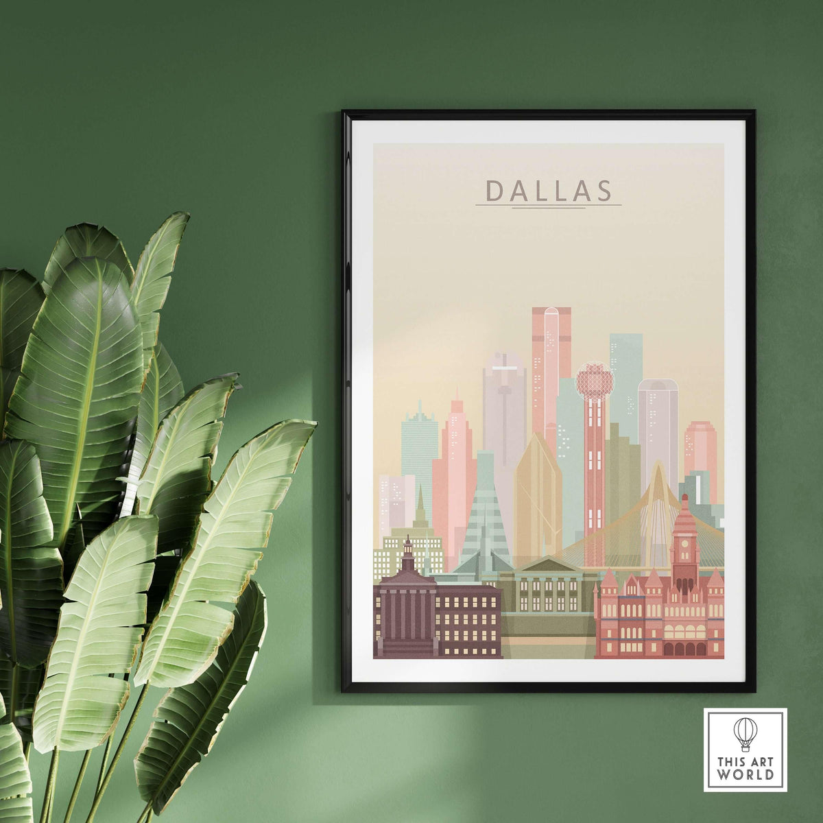 Dallas City Skyline Print | Texas Wall Art Poster featuring pastel colors on a green wall.