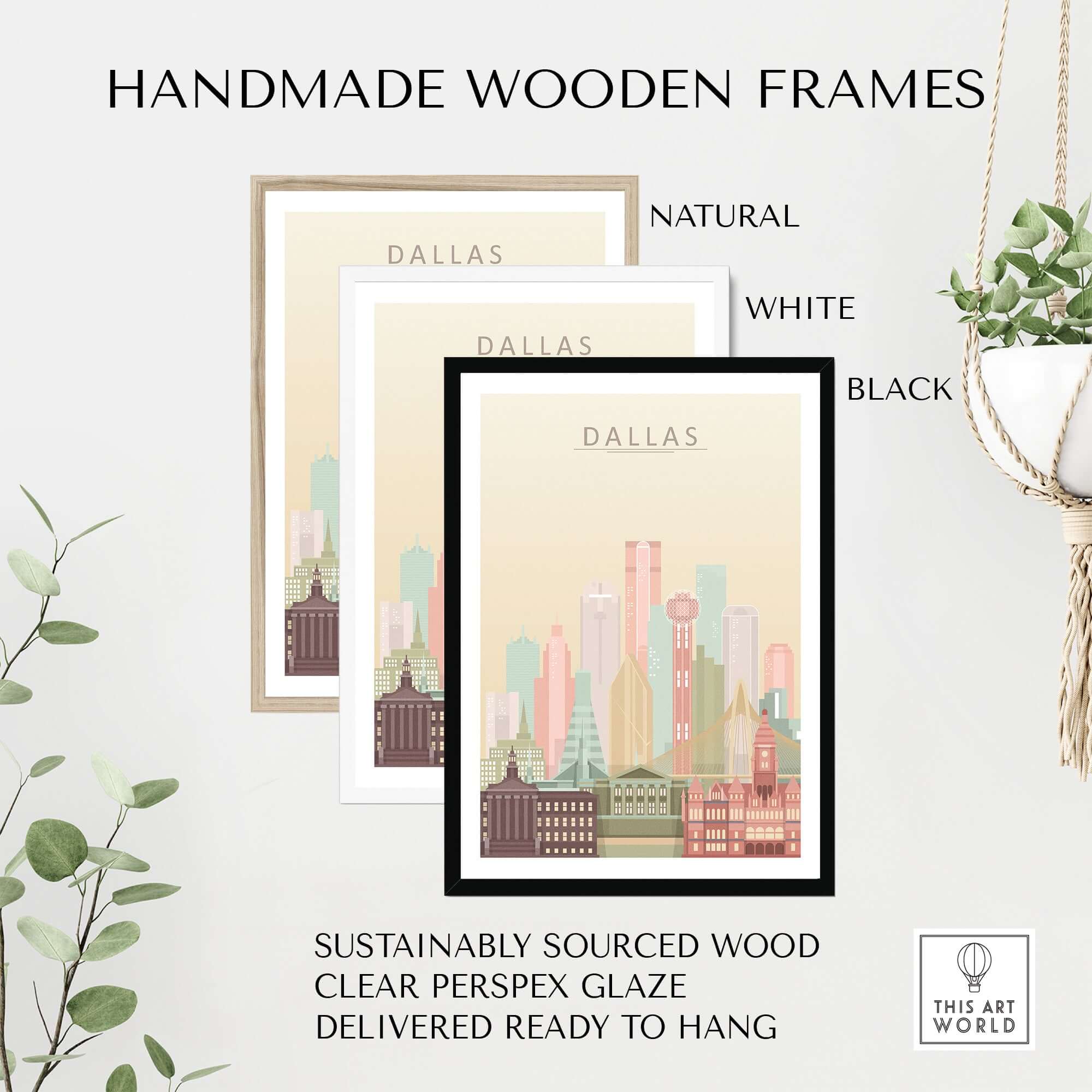 Handmade wooden frames for Dallas City Skyline Print | Texas Wall Art Poster in natural, white, and black finishes.