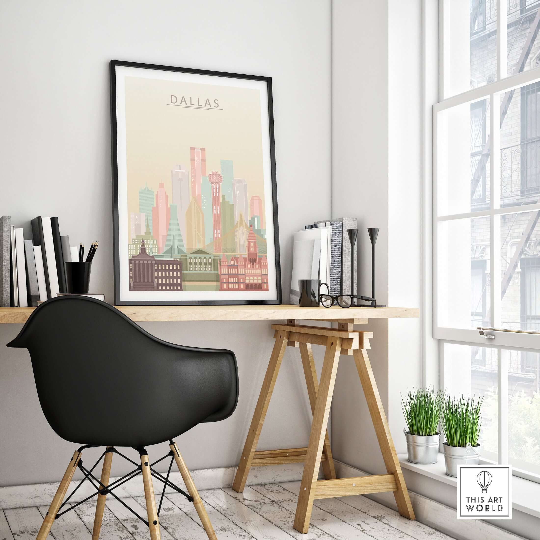 Dallas City Skyline Print | Texas Wall Art Poster displayed in a modern office setting on a wooden desk.