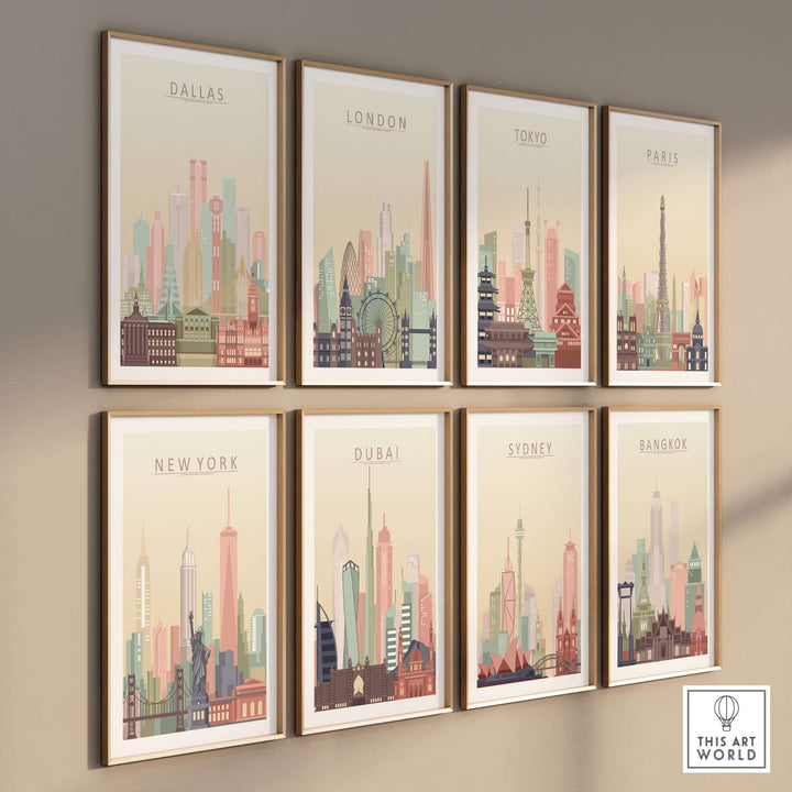 Gallery of city skyline prints featuring Dallas, London, Tokyo, Paris, New York, Dubai, Sydney, and Bangkok.