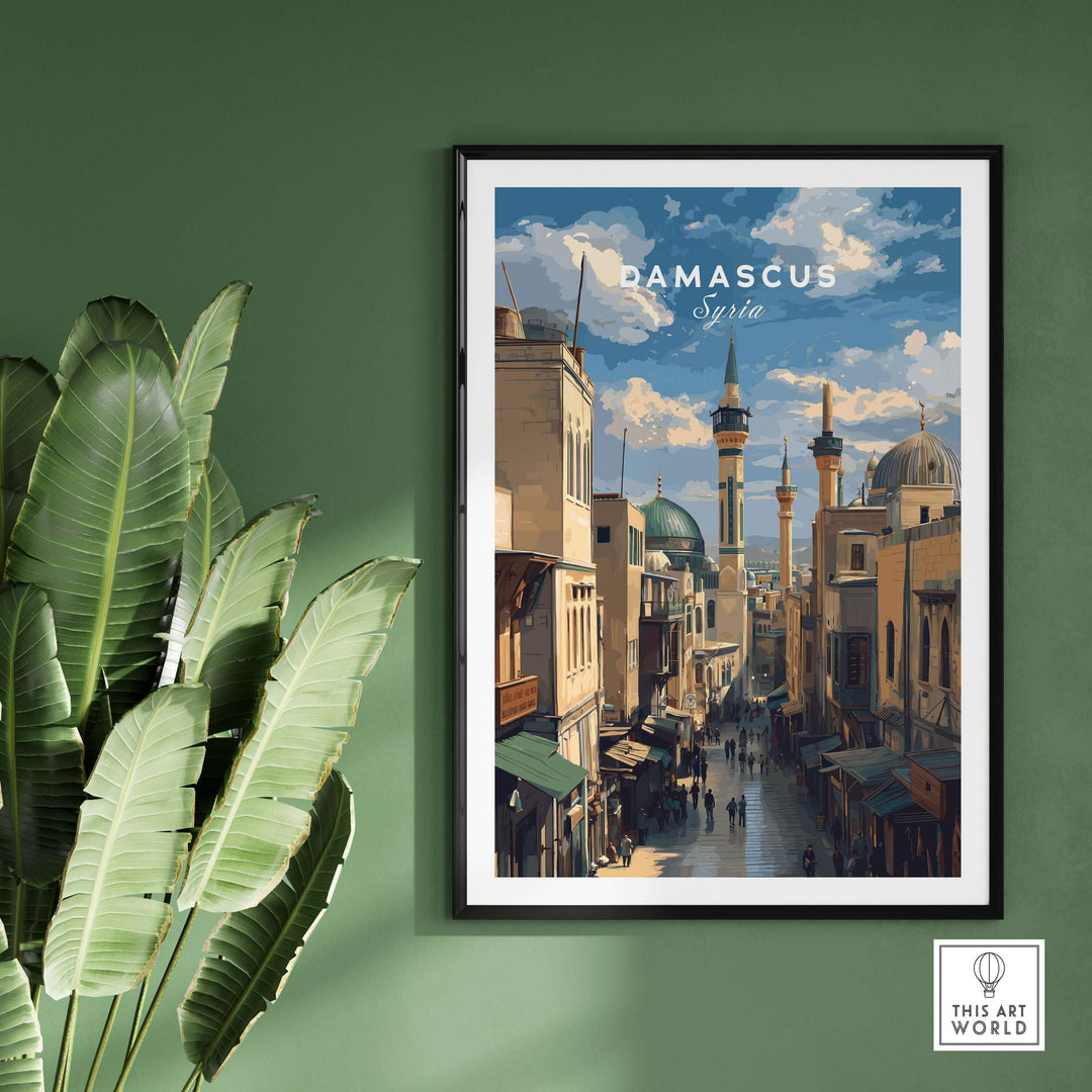Damascus Cityscape Art Print featuring historic buildings and minarets, framed wall decor for Middle Eastern art lovers.