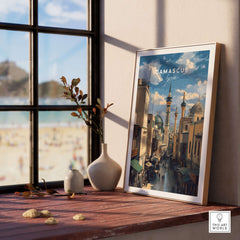 Damascus Cityscape Art Print - Umayyad Mosque Poster - Historic Syrian Wall Decor displayed indoors.
