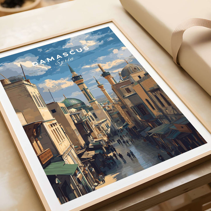 Damascus cityscape art print featuring Umayyad Mosque, showcasing historic Syrian architecture and cultural essence.