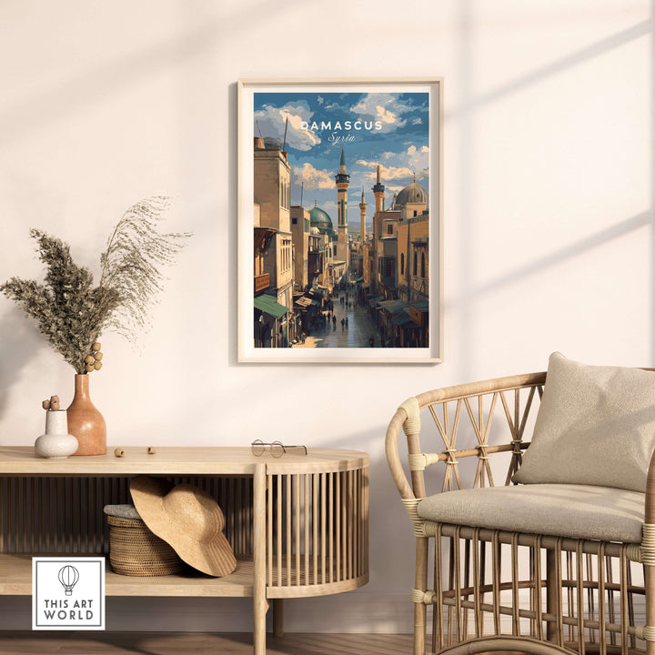 Damascus cityscape art print featuring Umayyad Mosque in stylish interior decor setting.