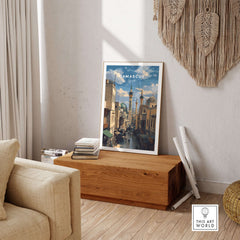 Damascus Cityscape Art Print - Umayyad Mosque Poster - Historic Syrian Wall Decor displayed in a stylish living room.