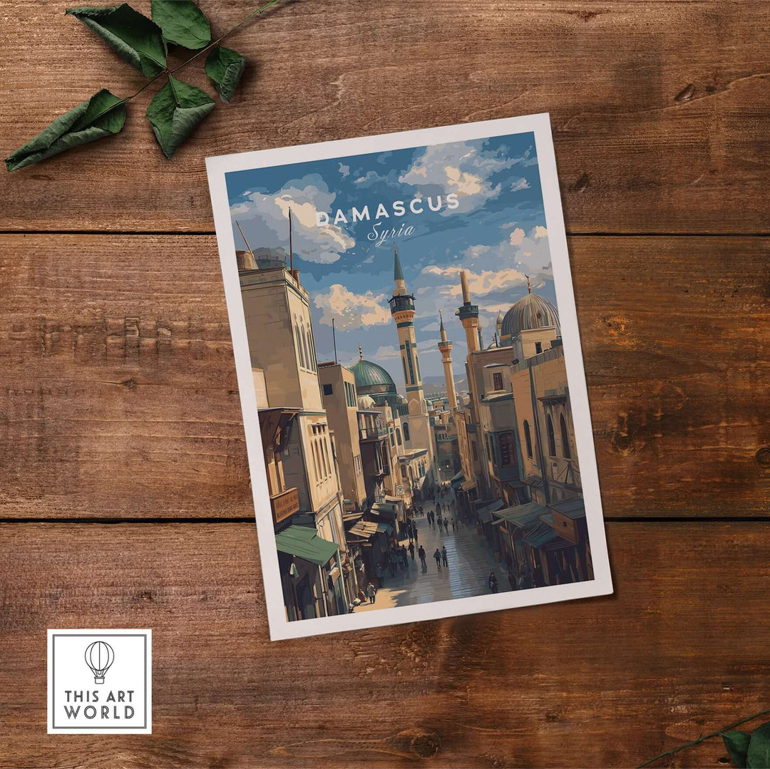 Damascus Cityscape Art Print featuring the Umayyad Mosque, perfect for historic wall decor and Middle Eastern art lovers.