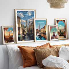 Damascus Cityscape Art Print - Umayyad Mosque Poster - Historic Syrian Wall Decor displayed in a stylish room.