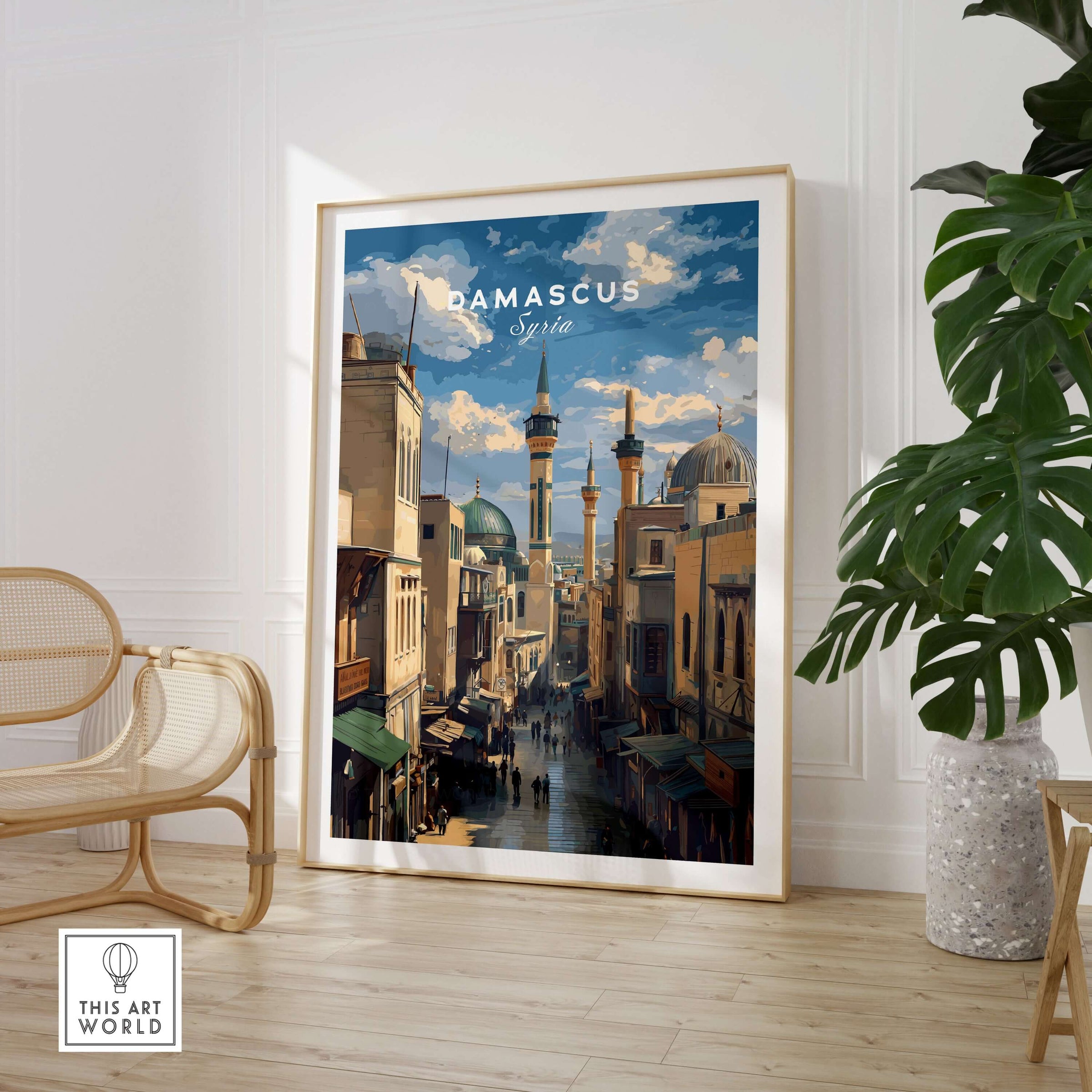 Damascus Cityscape Art Print - Umayyad Mosque Poster - Historic Syrian Wall Decor framed on a wall with a plant.
