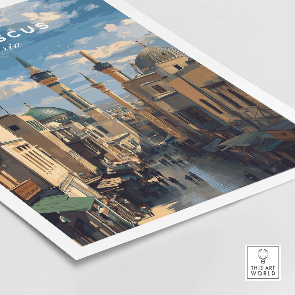 Damascus cityscape art print featuring the Umayyad Mosque and bustling streets, perfect for historic wall decor.