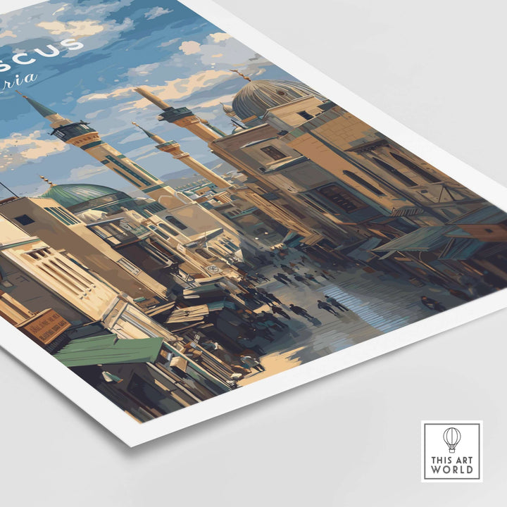 Damascus cityscape art print featuring the Umayyad Mosque and bustling streets, perfect for historic wall decor.