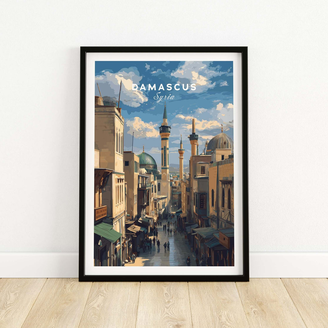 Damascus cityscape art print featuring iconic architecture of Syria, showcasing the rich historical essence of the city.