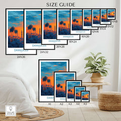 Damascus Poster - Syria Mosque Art Print - Cityscape Wall Decor - Sunset Sky Travel Art size guide and display options.