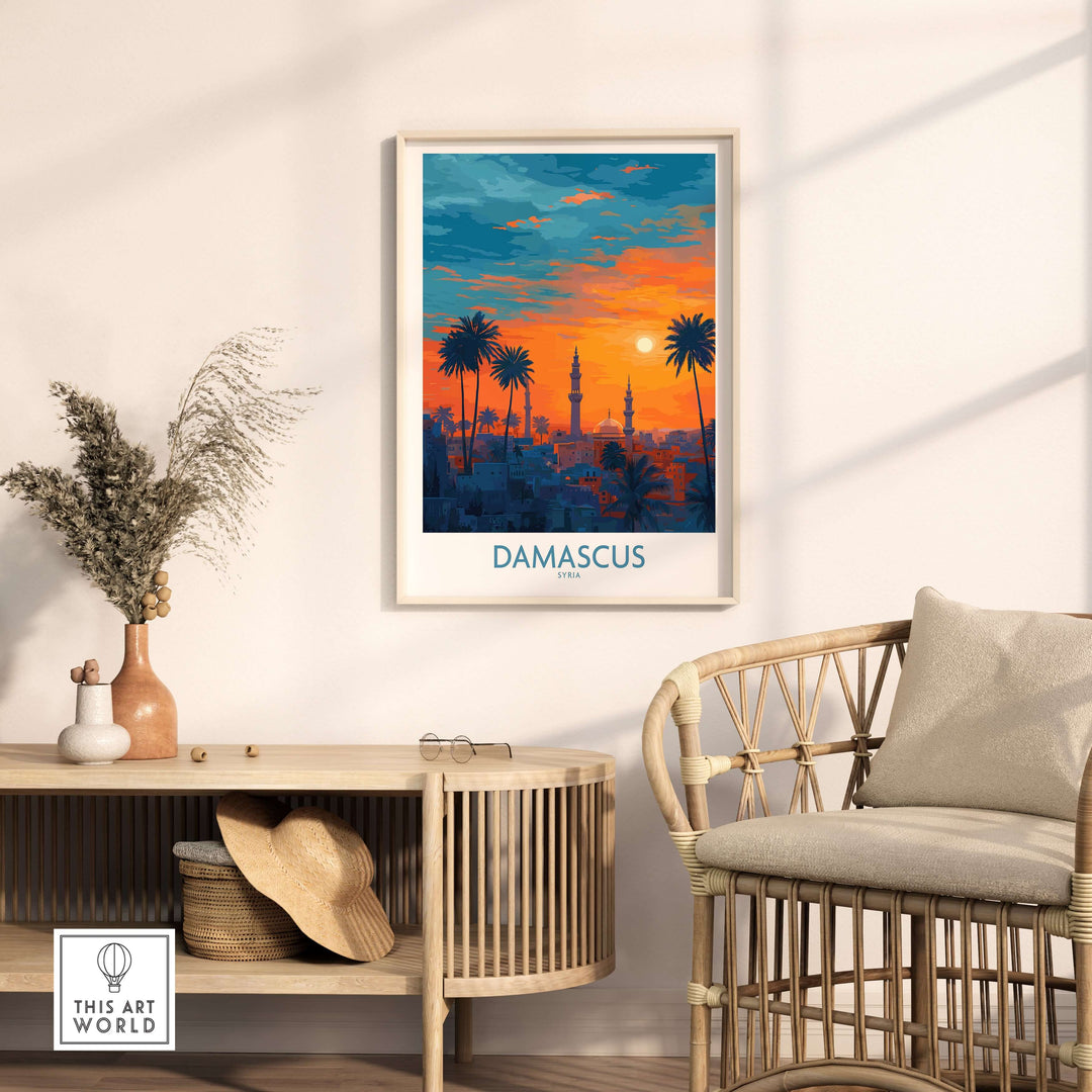 Damascus poster art print featuring a mosque cityscape against a vibrant sunset sky, perfect for wall decor.