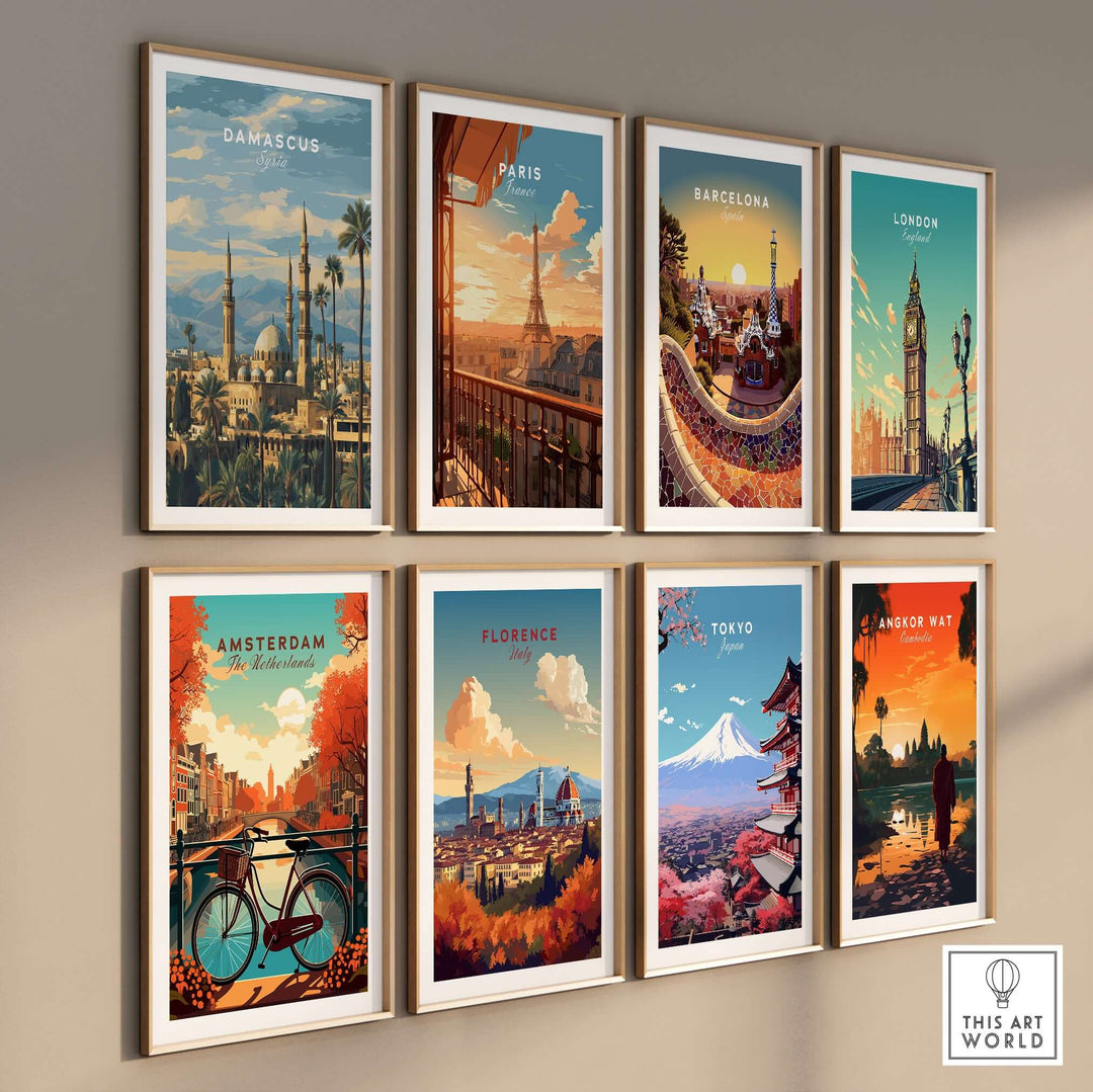Gallery wall featuring travel prints of major cities: Damascus, Paris, Barcelona, London, Amsterdam, Florence, Tokyo, and Angkor Wat.