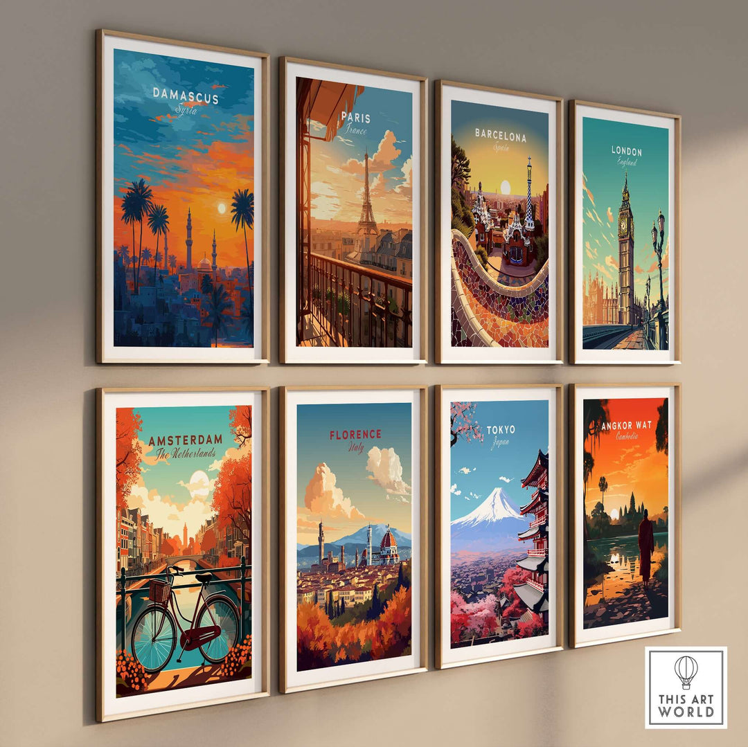 Colorful travel city posters including Damascus, Paris, Barcelona, London, Amsterdam, Florence, Tokyo, and Angkor Wat.