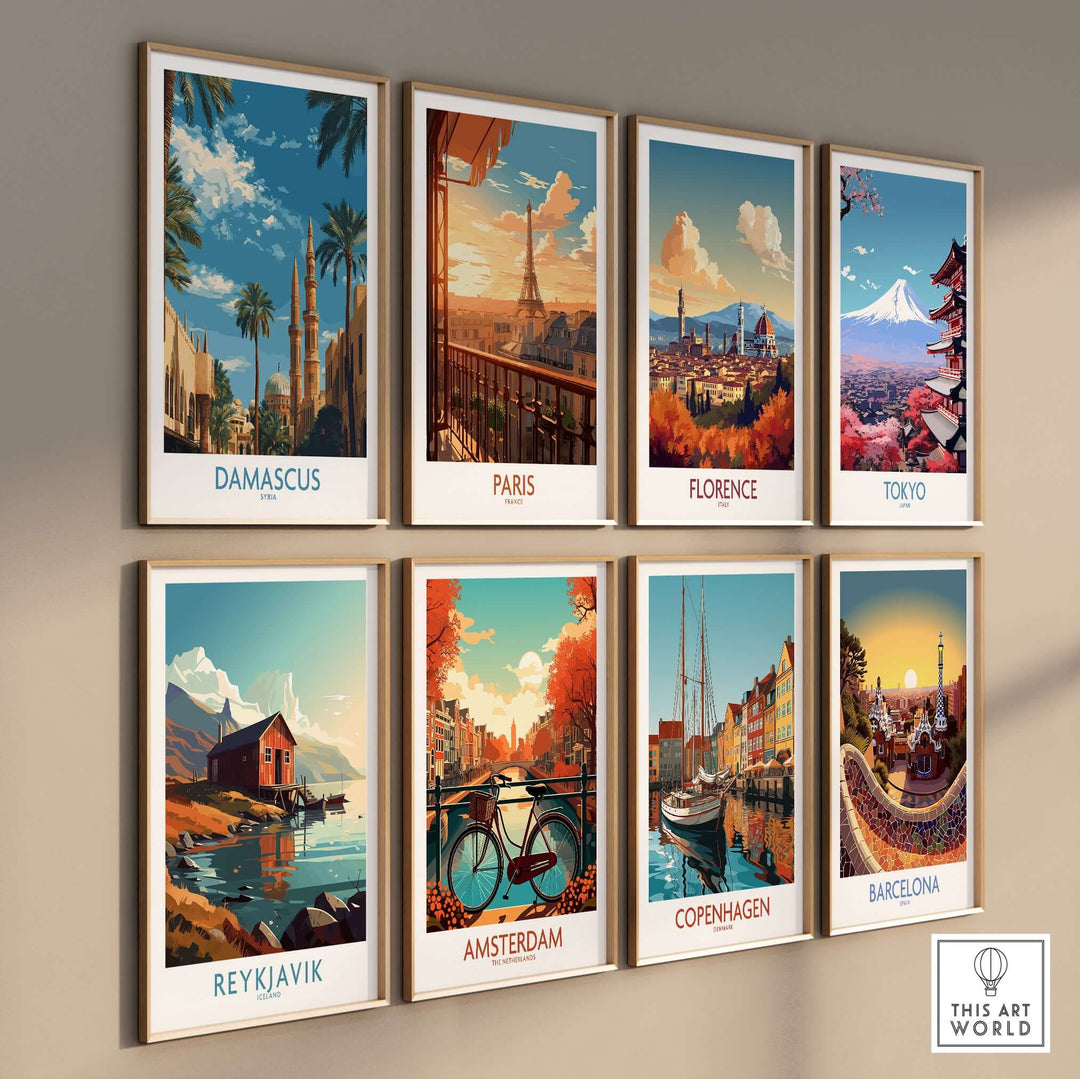 Gallery wall art featuring cityscape posters of Damascus, Paris, Florence, Tokyo, Reykjavik, Amsterdam, Copenhagen, Barcelona.