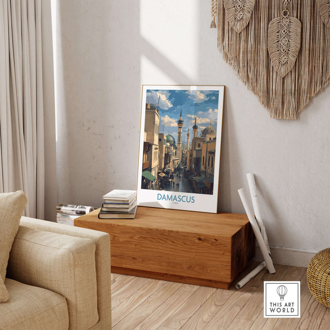 Damascus poster showcasing vibrant souk market scene, perfect for Middle Eastern wall decor.