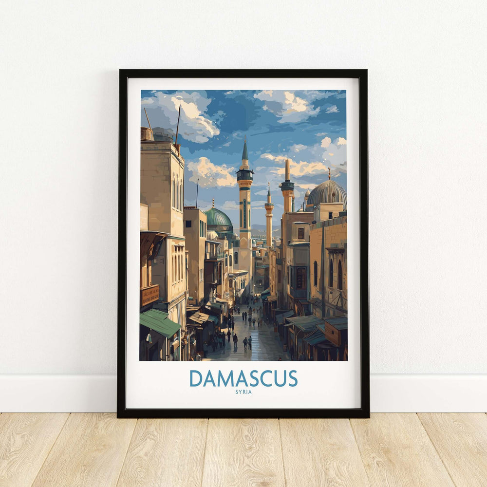 Framed Damascus poster showcasing lively souk street scene with minarets, perfect Middle Eastern wall art decor.
