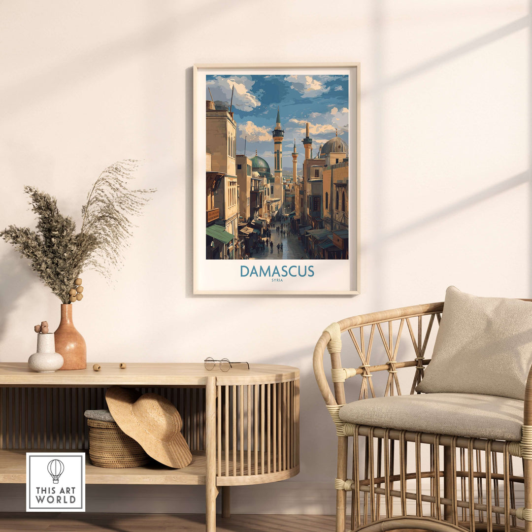 Framed Damascus poster featuring the lively souks, showcasing Middle Eastern decor in an elegant living room setting.