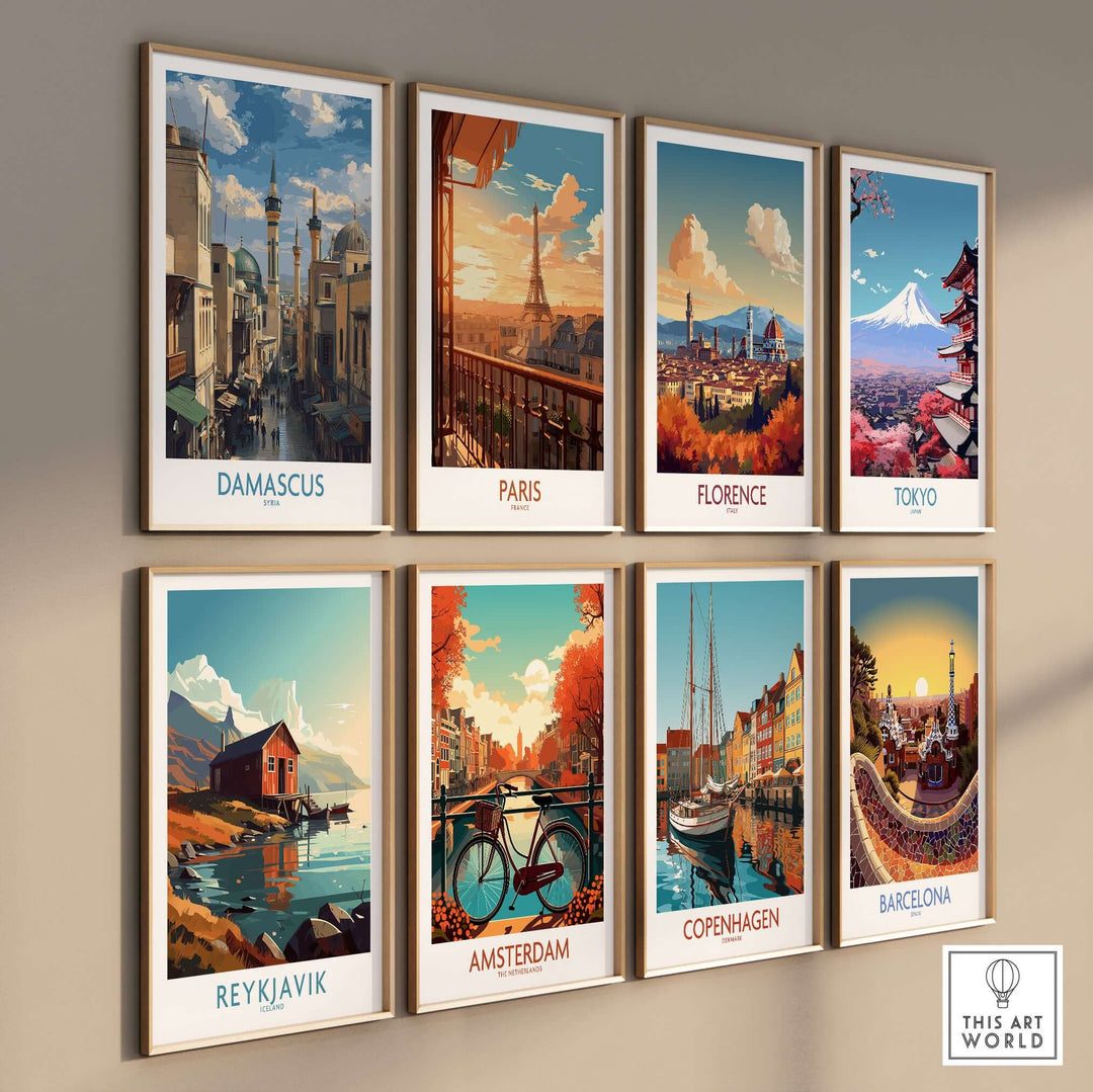 Collection of vibrant city posters featuring Damascus, Paris, Florence, Tokyo, Reykjavik, Amsterdam, Copenhagen, and Barcelona.