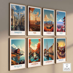 Damascus Poster - Souk Wall Art - Syria Travel Print - Middle East Wall Decor displayed among other city posters.