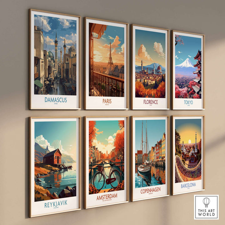 Collection of vibrant city posters featuring Damascus, Paris, Florence, Tokyo, Reykjavik, Amsterdam, Copenhagen, and Barcelona.