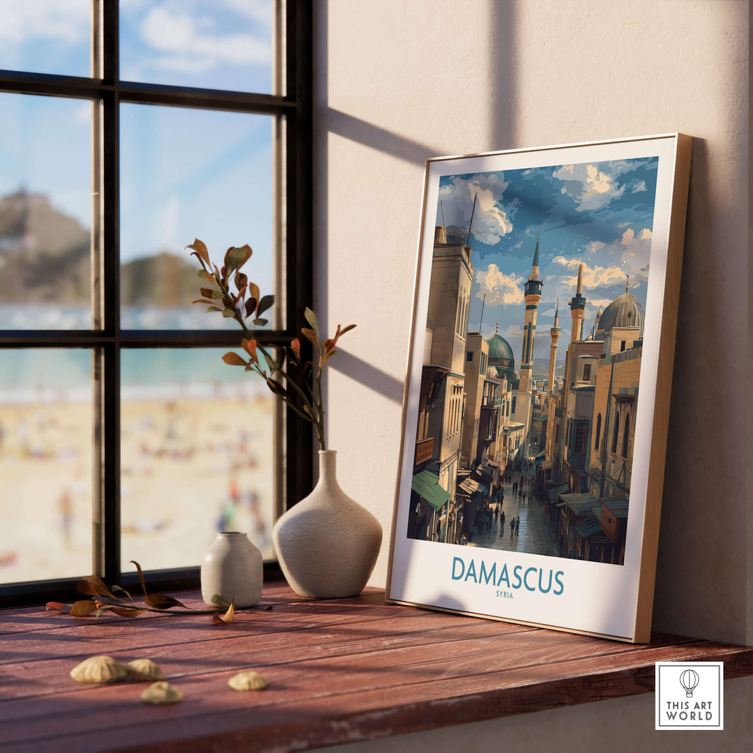 Damascus poster showcasing the souk art, vibrant scene of the market in Syria, perfect for Middle East wall decor.