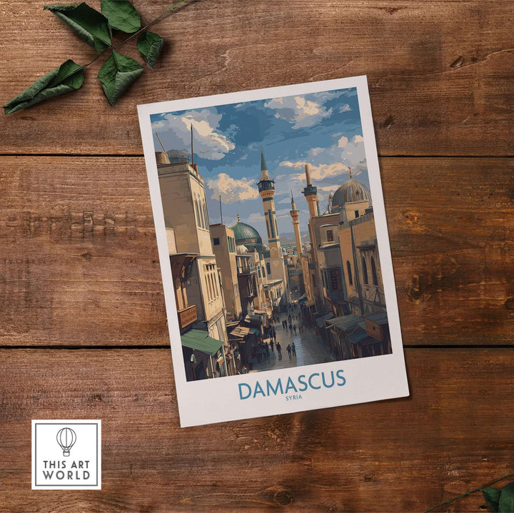 Damascus poster featuring vibrant souk scene, showcasing Syrian culture and architecture, perfect Middle Eastern wall decor.