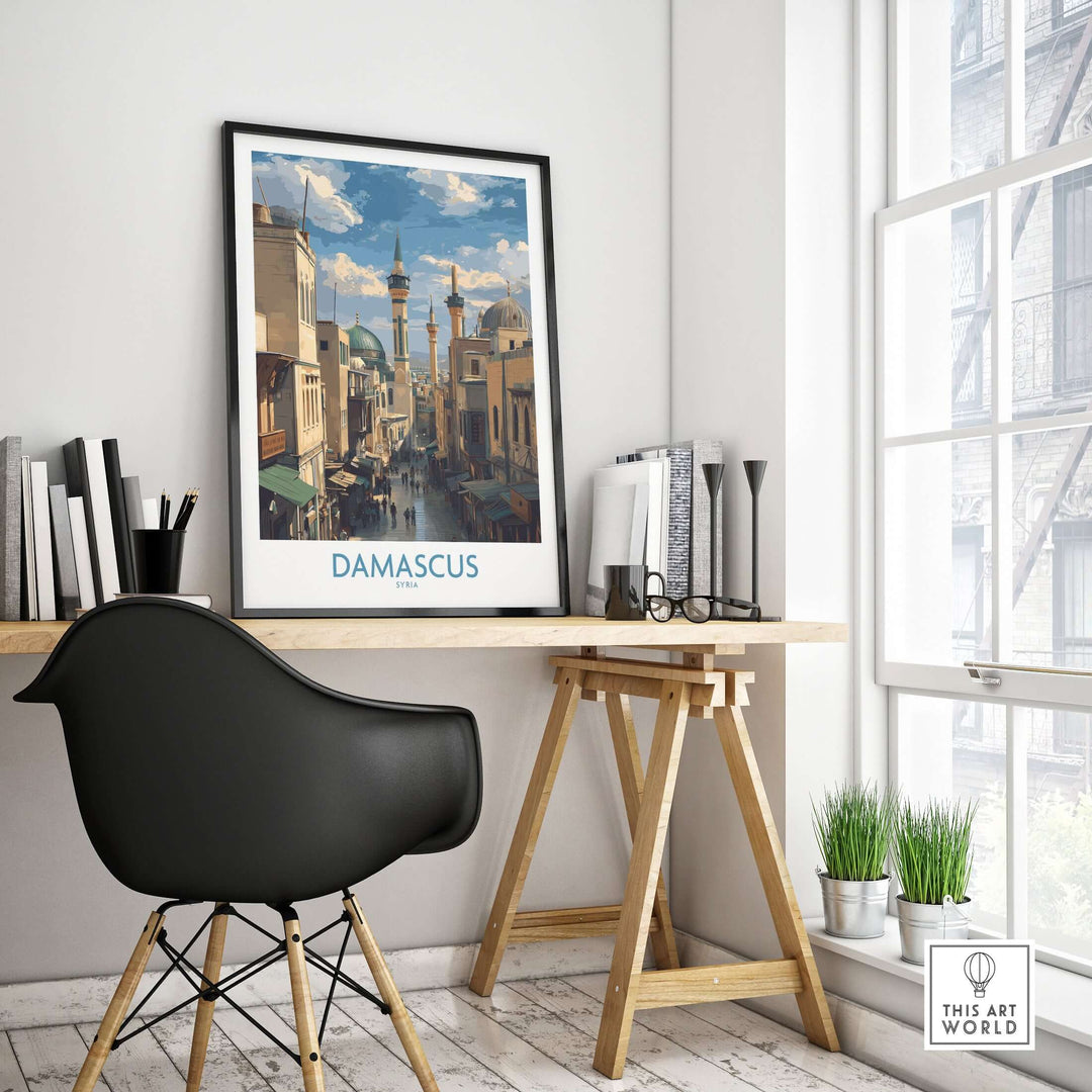 Damascus poster featuring a vibrant souk scene, perfect for Middle Eastern wall decor in a stylish home office.