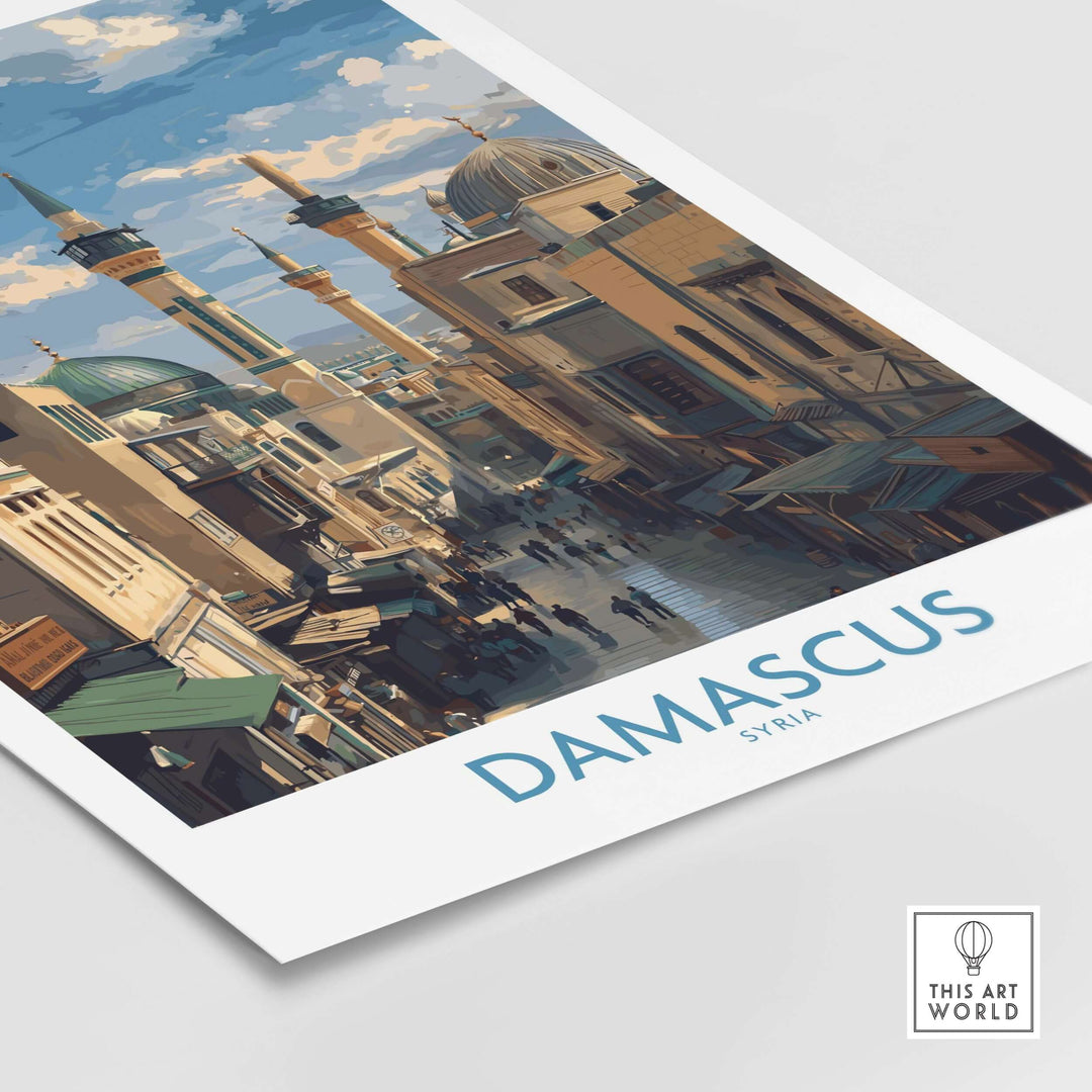 Damascus poster showcasing the vibrant souks and architecture of Syria, perfect for Middle Eastern wall decor.