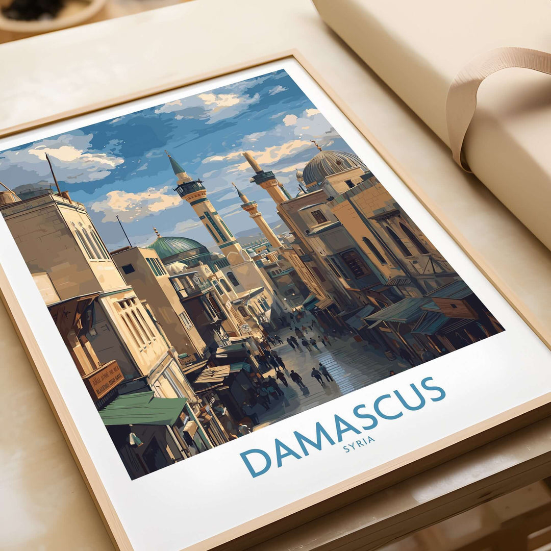 Damascus poster featuring souks and vibrant market scene, perfect for Middle Eastern wall decor and travel enthusiasts.