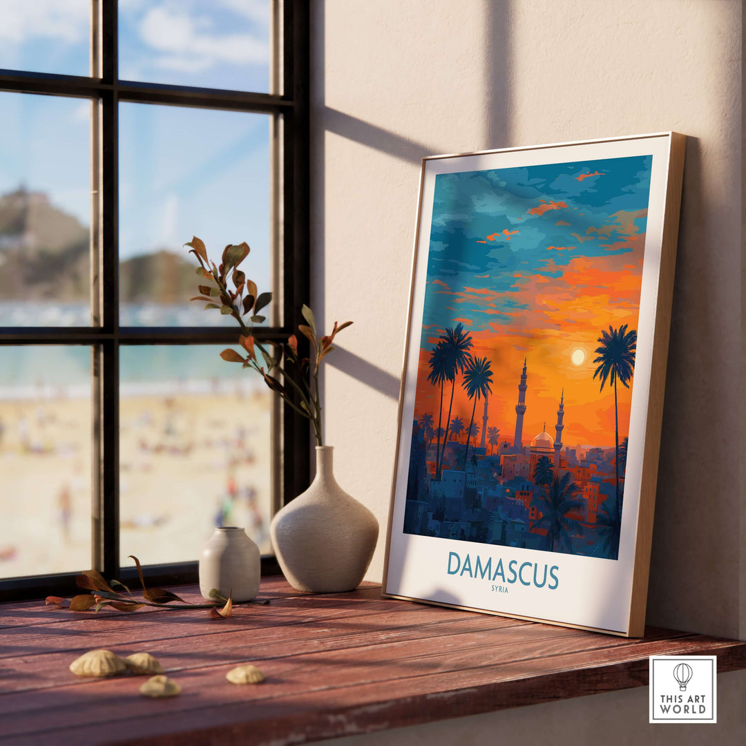 Damascus mosque art print featuring sunset colors and palm trees, perfect for cityscape wall decor.