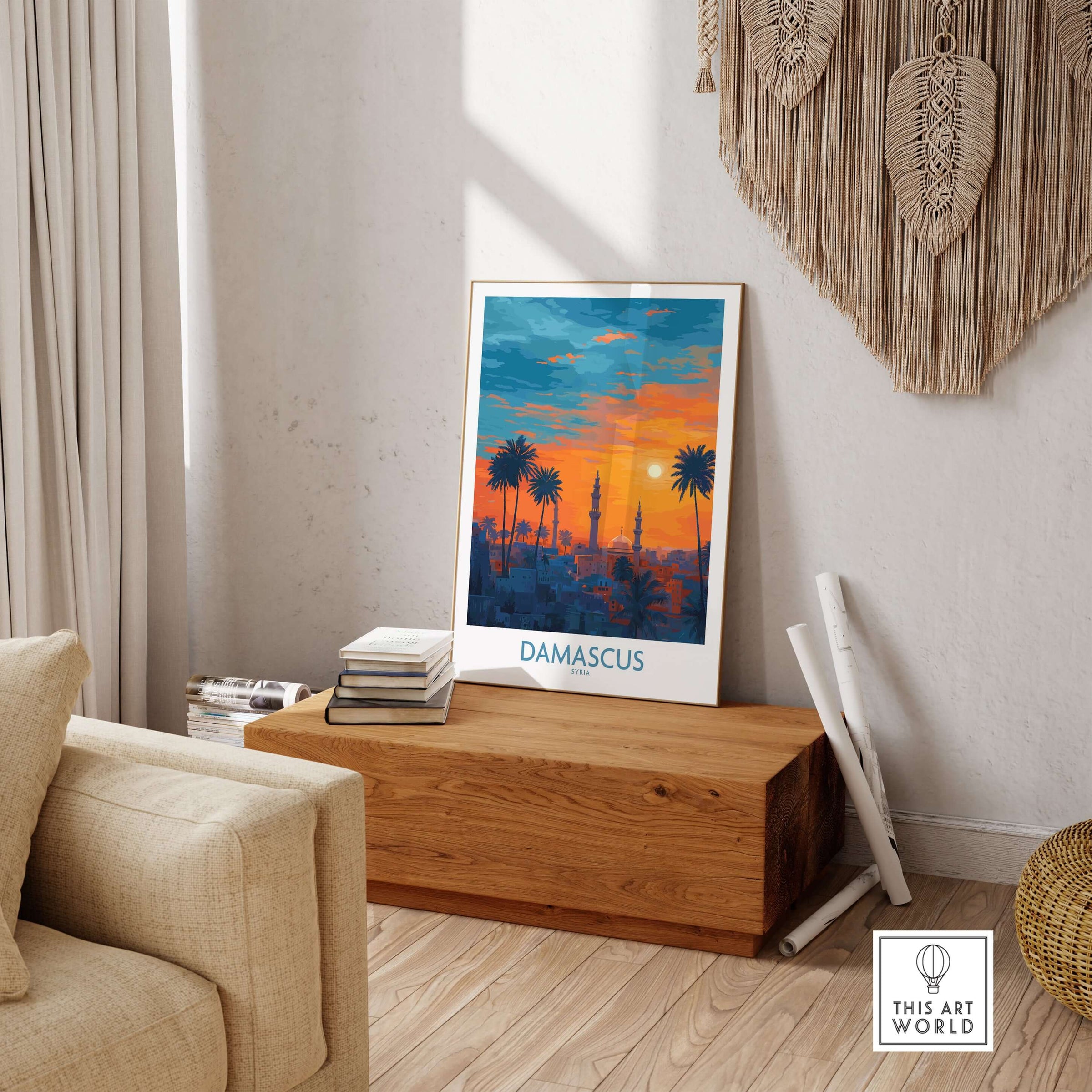 Damascus Poster - Syria Mosque Art Print - Cityscape Wall Decor - Sunset Sky Travel Art on display in a cozy living room.