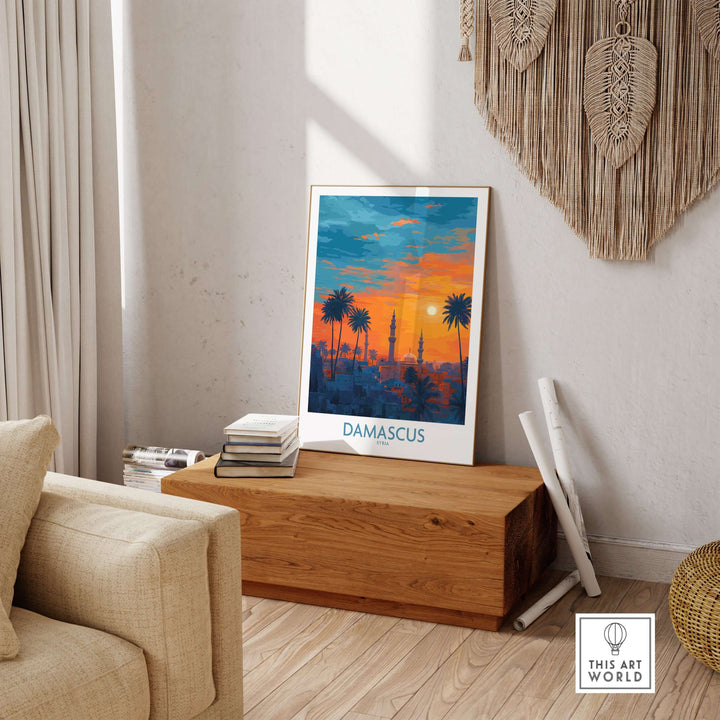 Damascus poster featuring a sunset cityscape with mosque and palm trees, perfect for wall decor.