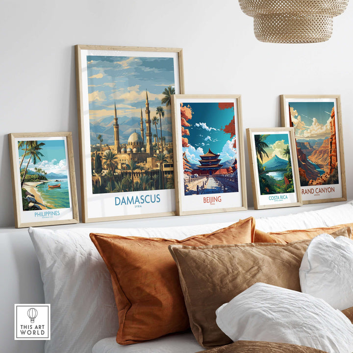 Stylish art display featuring the Damascus skyline poster among framed prints of global landmarks.