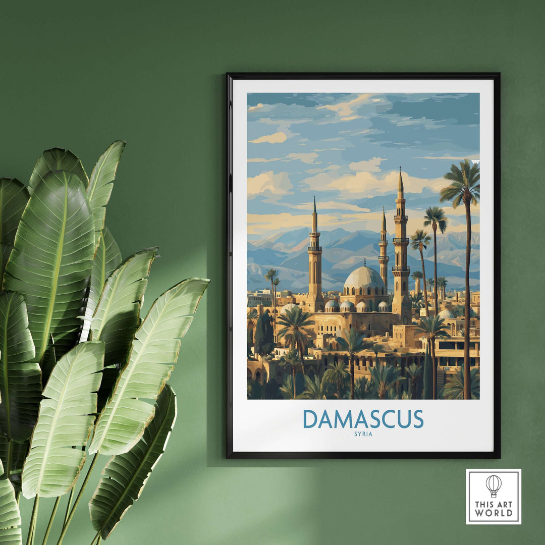Damascus Skyline Poster featuring Umayyad Mosque and palm trees, perfect for historic city wall decor.
