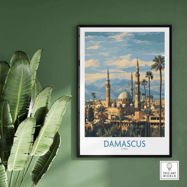 Damascus Skyline Poster featuring Umayyad Mosque and palm trees, perfect for historic city wall decor.
