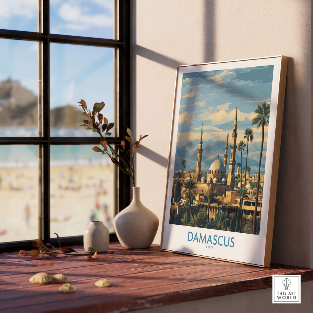 Damascus skyline poster featuring the Umayyad Mosque, decorative wall art for historical and cultural elegance.