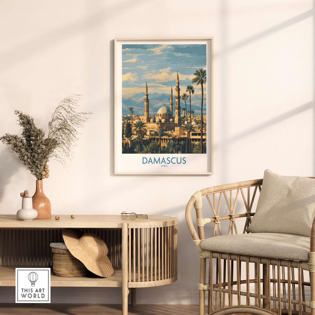 Damascus skyline poster featuring Umayyad Mosque, ideal for historic wall decor in any space.