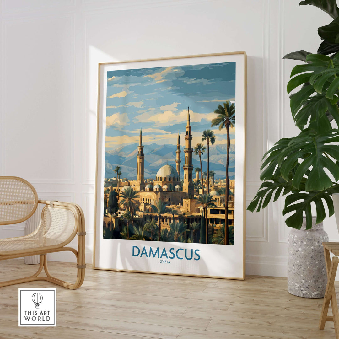 Damascus skyline poster featuring the Umayyad Mosque, showcasing Syria's historic architecture and cultural beauty.