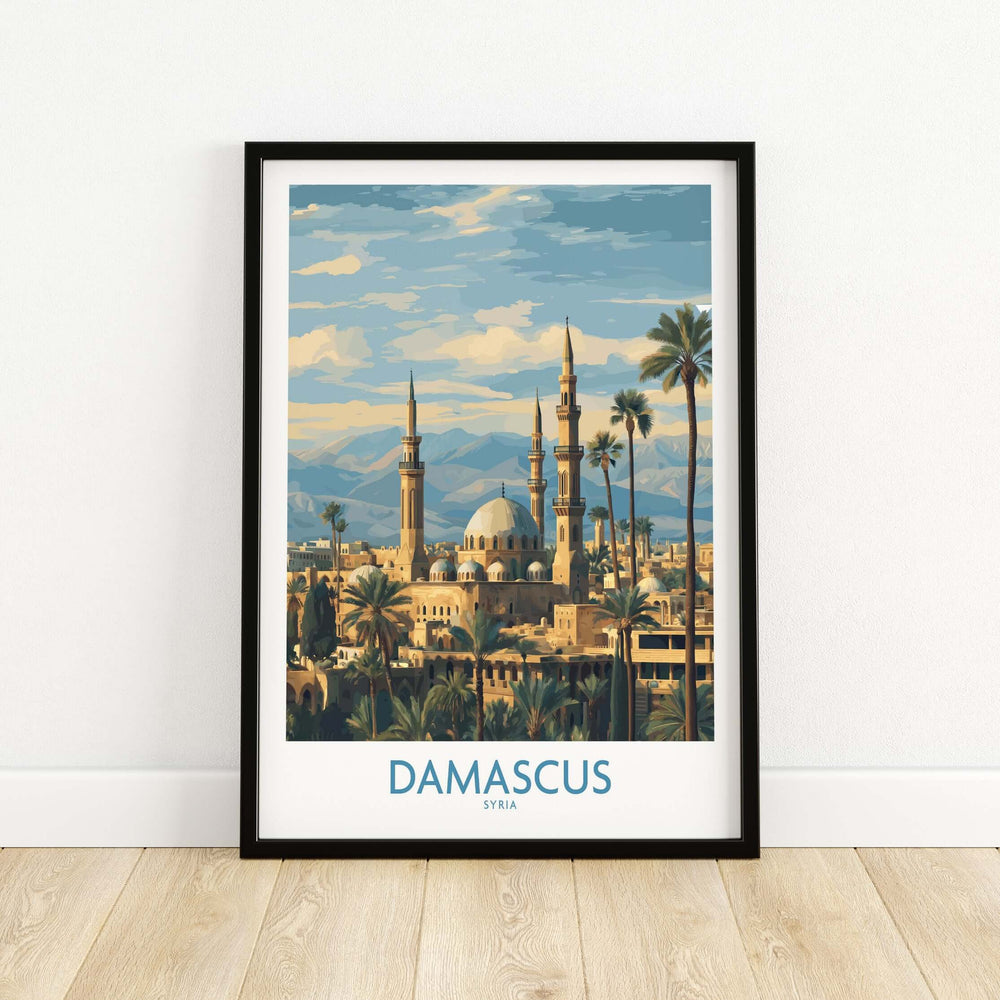 Damascus skyline poster featuring the Umayyad Mosque, elegant art print for home decor.